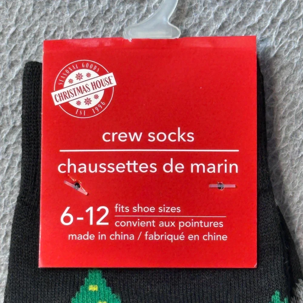 Christmas House Crew Socks Men 6-12 Black Car Christmas Tree Holiday Novelty New